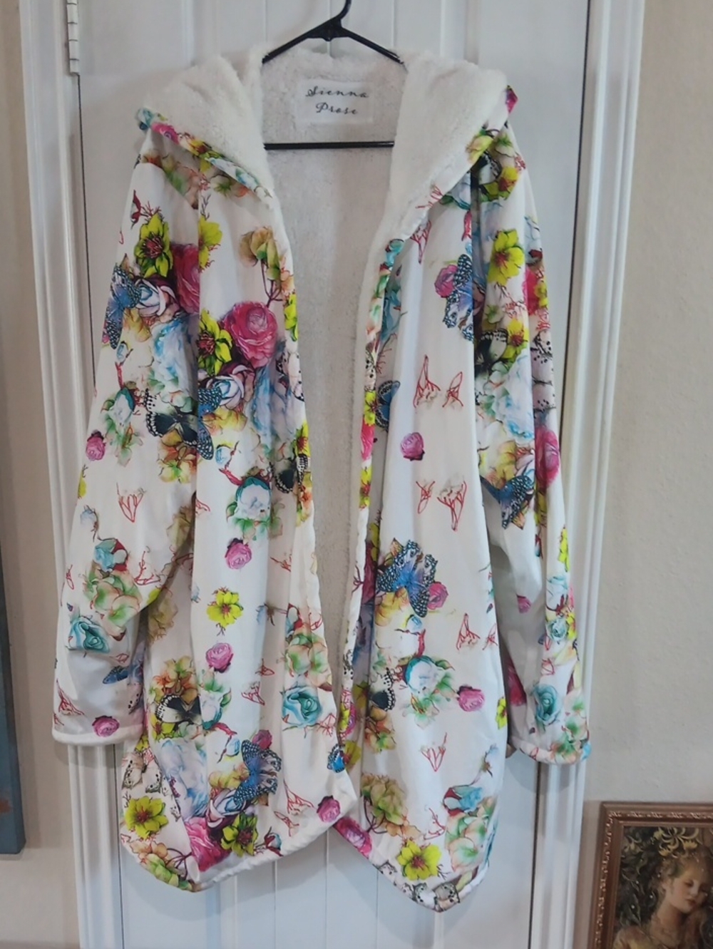 Sienna Prose Floral Sherpa Lined Cloak Hooded Open Front Coat Butterfly 3XL
